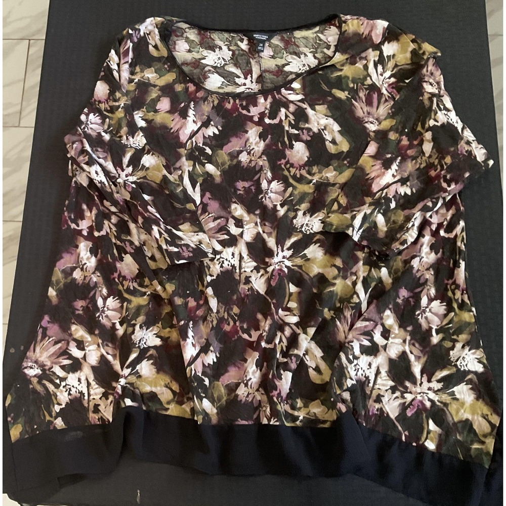 Simply Vera Vera Wang Shirt Womens 2X Black‎ Purple Green Floral Sheer Tunic Top